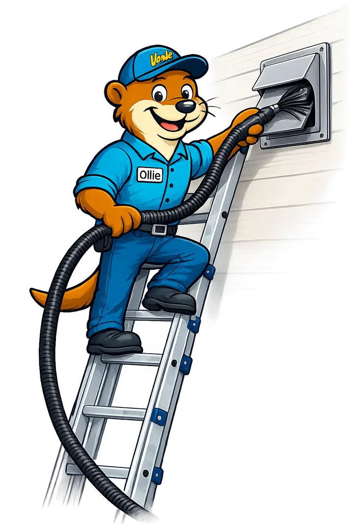 Ollie, the Ventz technician, cleaning an exterior dryer vent from a ladder